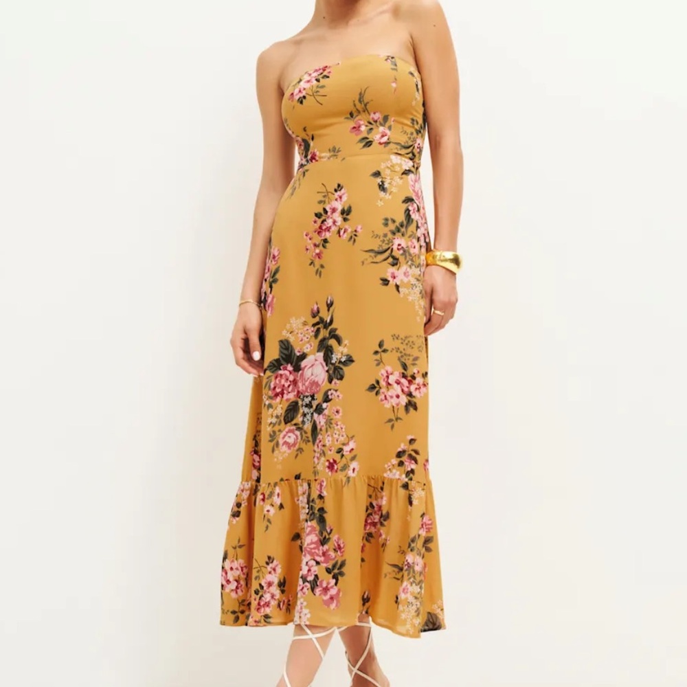 Reformation Arta Floral Strapless Dress in Mustard